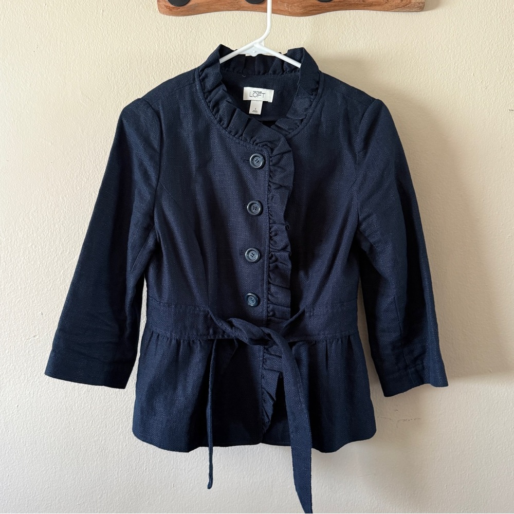 Y2K LOFT Vintage Navy Cotton Linen Peplum Lady Jacket Ruffle Blazer Size 4